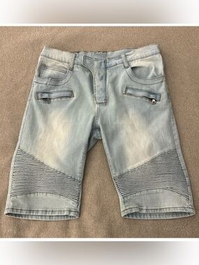 Balmain Light Blue Men's Biker Denim Shorts